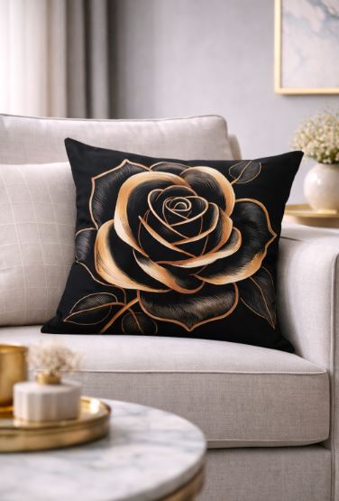 Kussenhoes rozen - zwart-goud - 45x45 cm