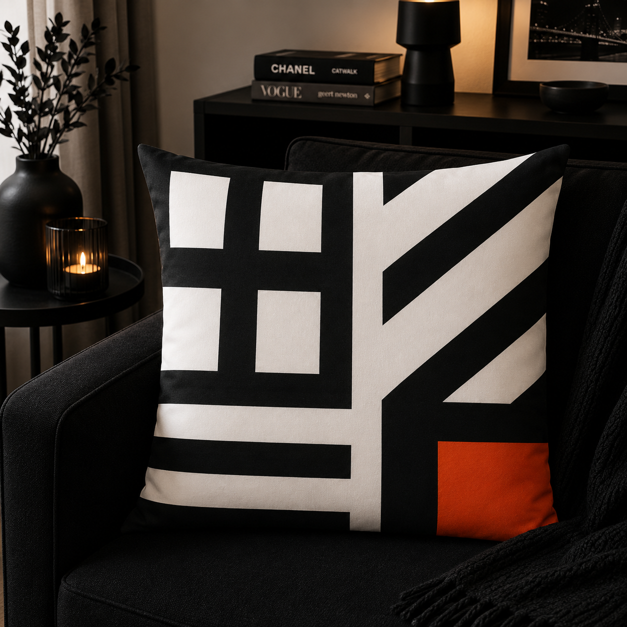 Artistieke designer kussenhoes zwart-oranje 45x45 cm | Kussenhoezenwinkel