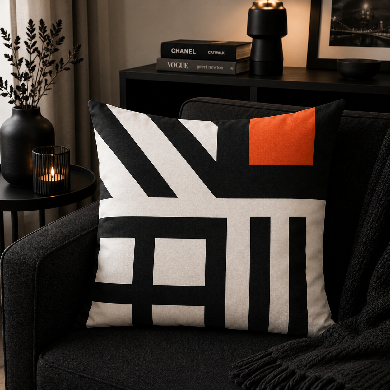 Artistieke designer kussenhoes zwart-oranje 45x45 cm | Kussenhoezenwinkel