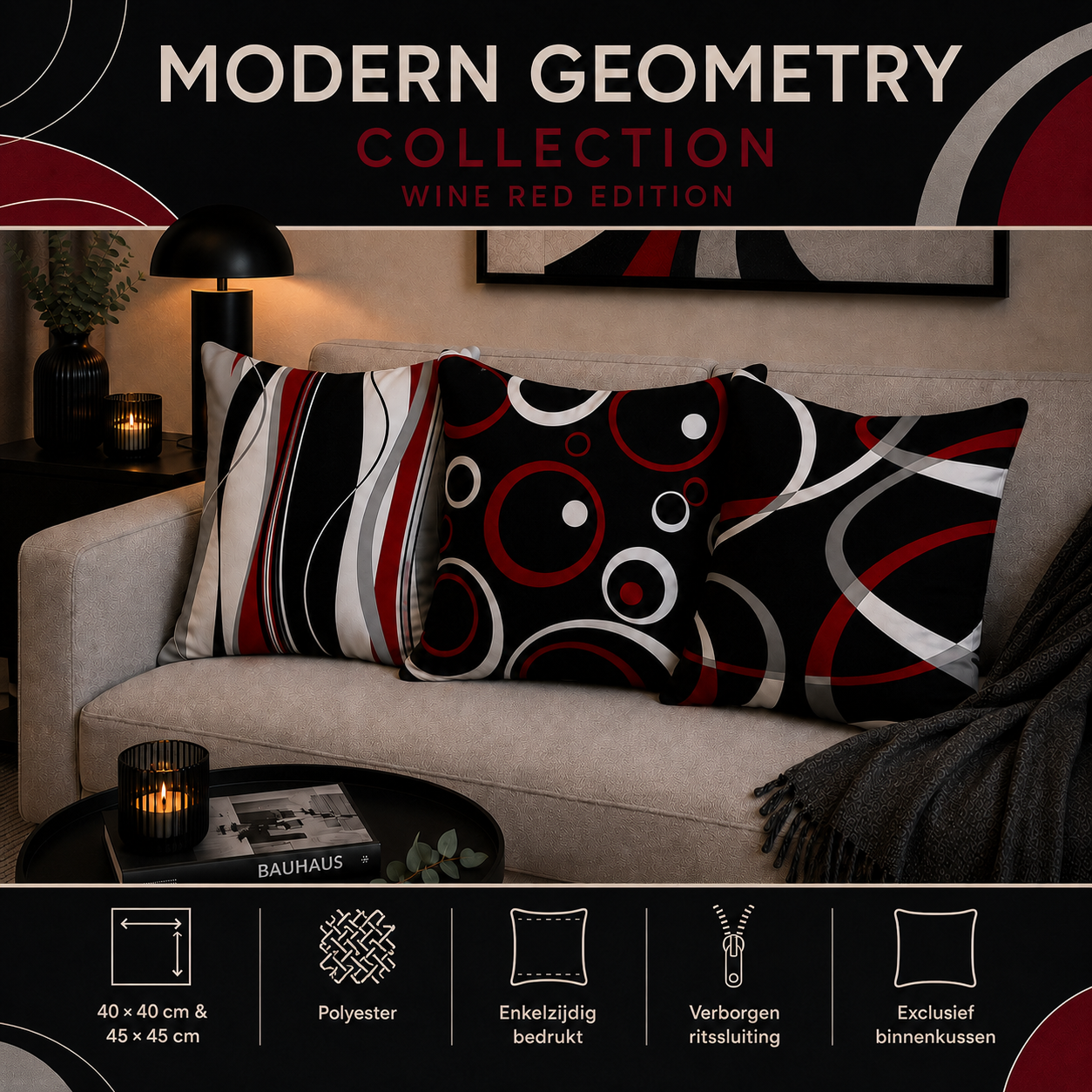 Modern Geometry Collection – Wine Red Edition - diverse afmetingen