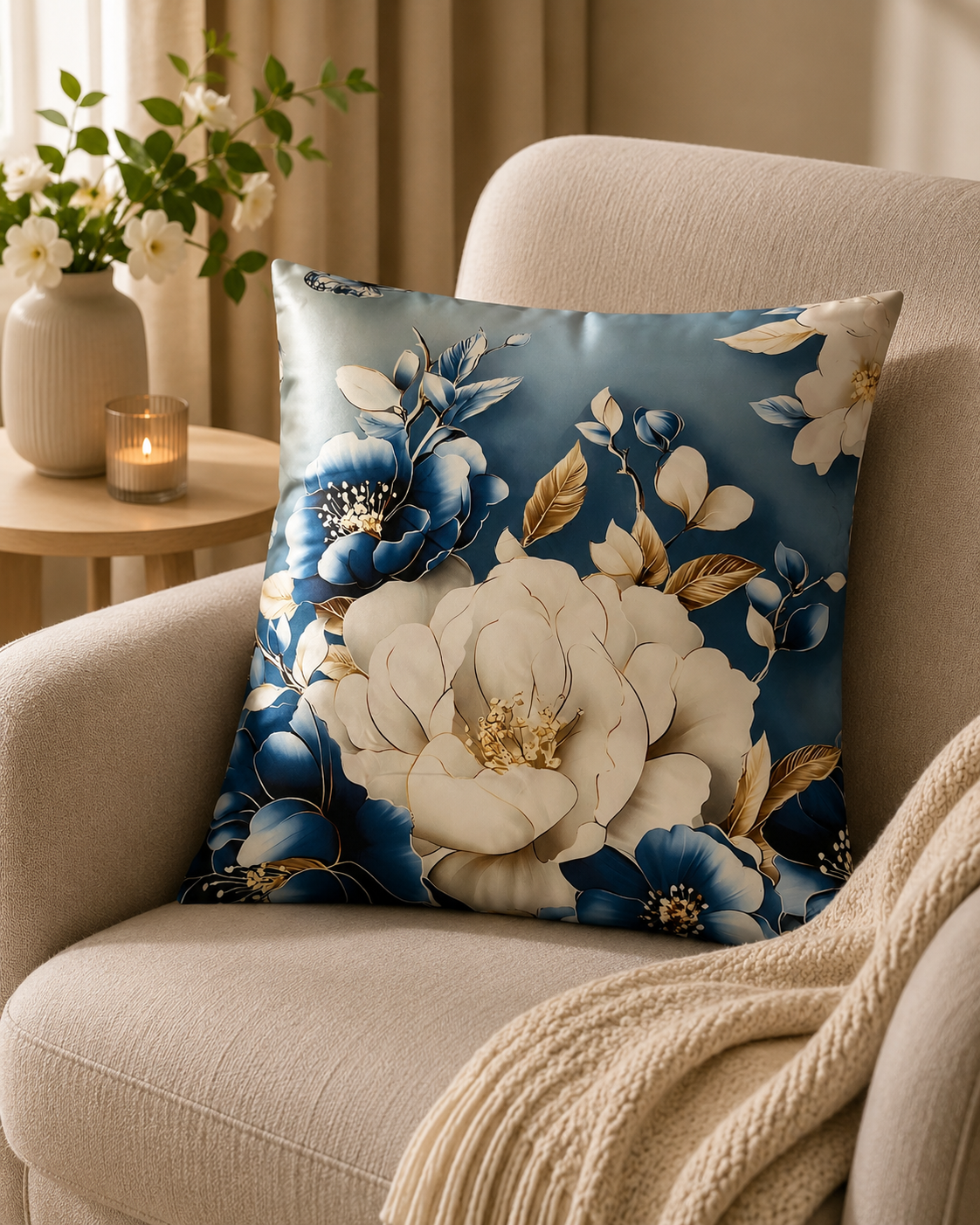 Luxe kussenhoes bloemen  blauw - wit - 45x45 cm