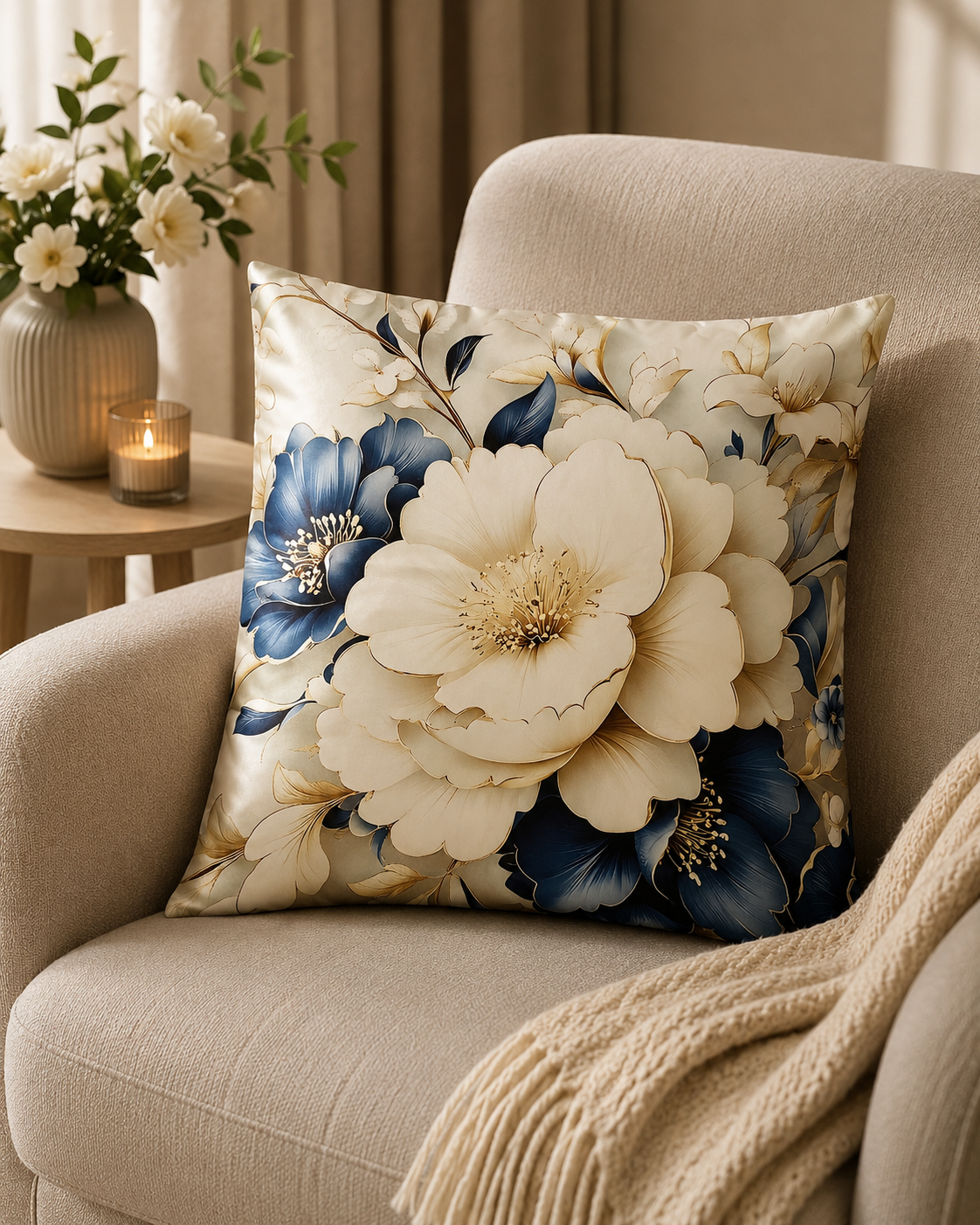 Luxe kussenhoes bloemen  blauw - wit - 45x45 cm