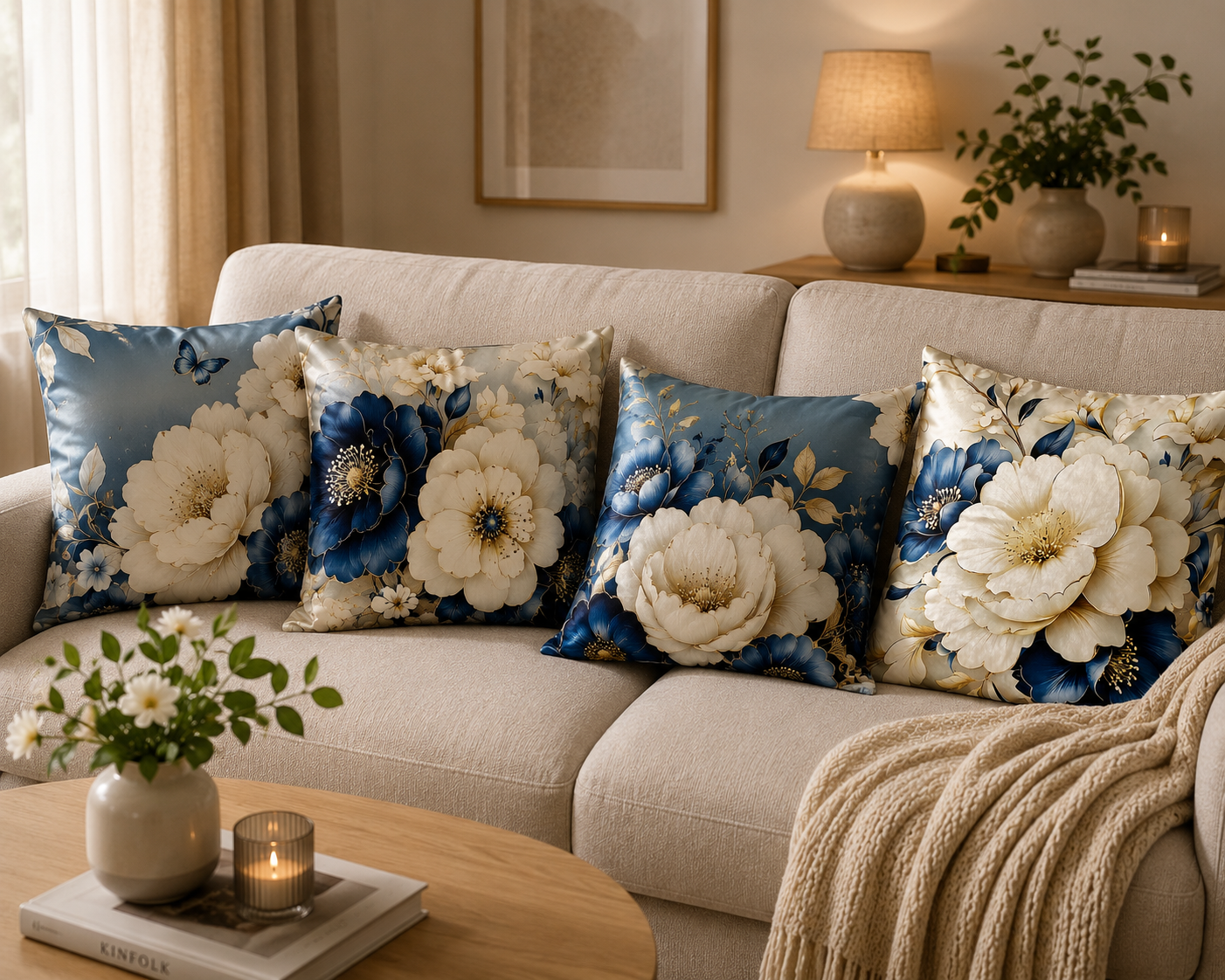 Luxe kussenhoes bloemen  blauw - wit - 45x45 cm