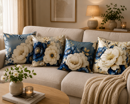 Luxe kussenhoes bloemen  blauw - wit - 45x45 cm