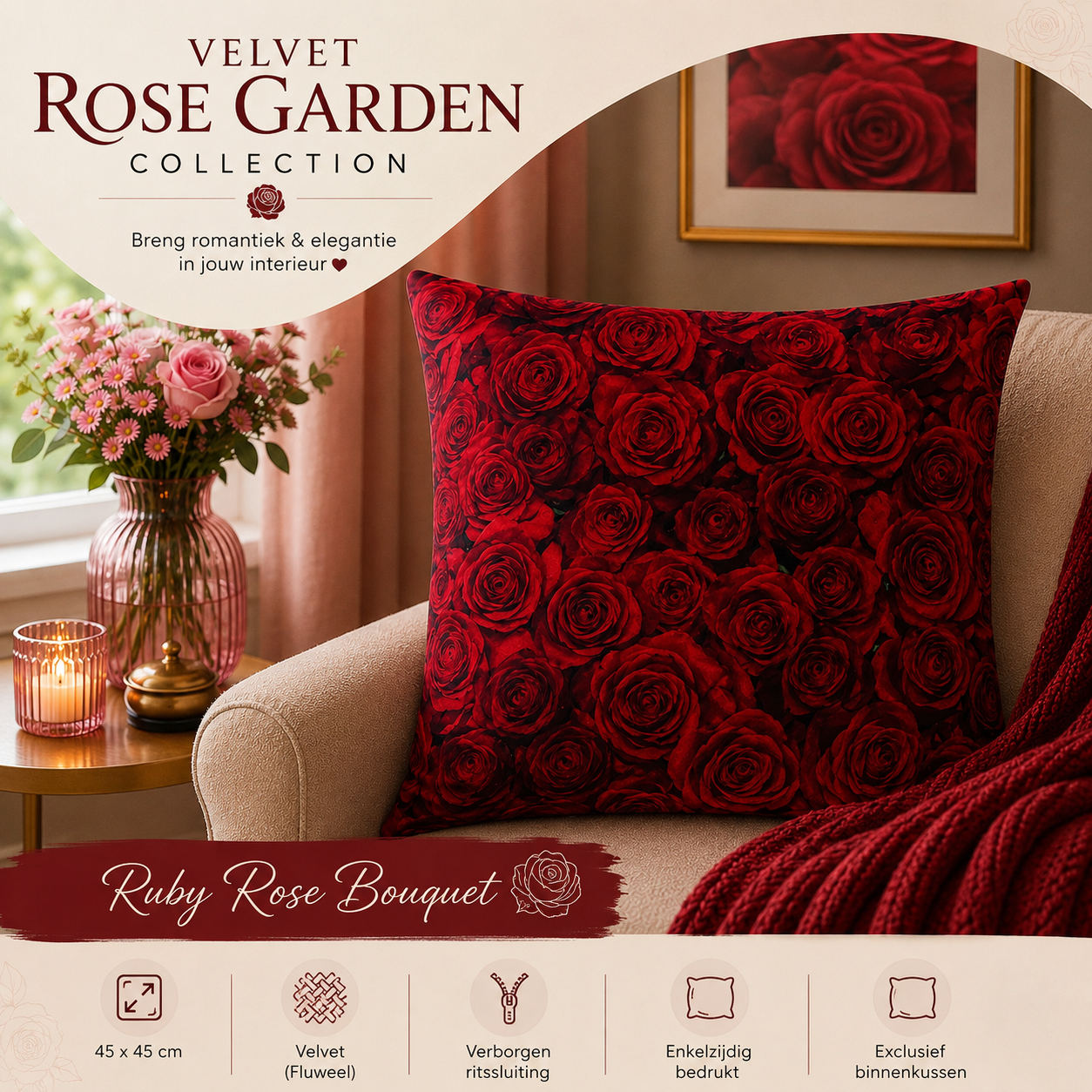 Velvet Rose Garden Collection - Ruby Rose Bouquet | Kussenhoezenwinkel