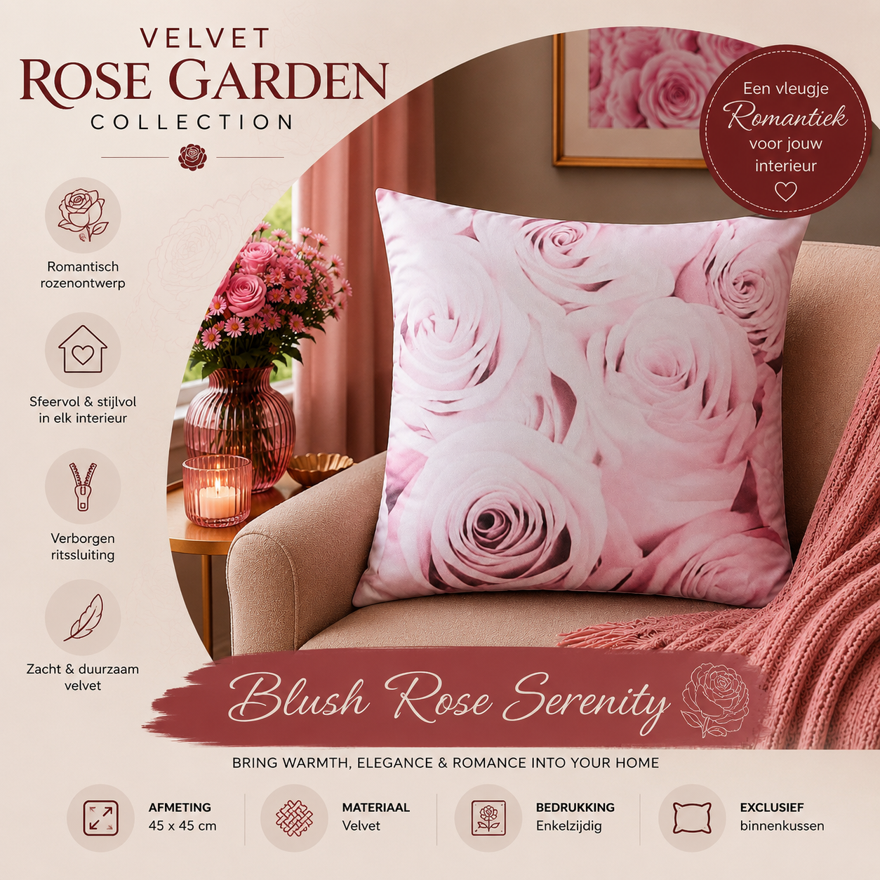 Velvet Rose Garden Collection - Blush Rose Serenity | Kussenhoezenwinkel