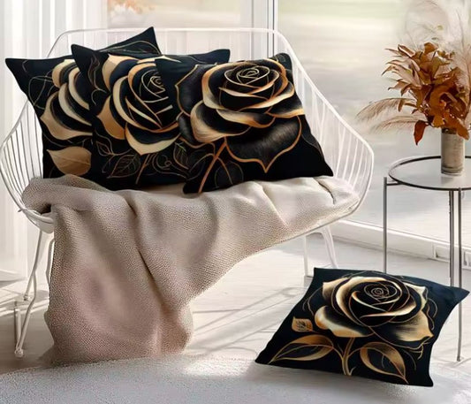 Kussenhoes rozen - zwart-goud - 45x45 cm