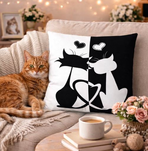 Kussenhoes kat zwart-wit 45x45 cm | Kussenhoezenwinkel