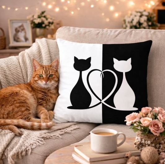 Kussenhoes kat zwart-wit 45x45 cm | Kussenhoezenwinkel