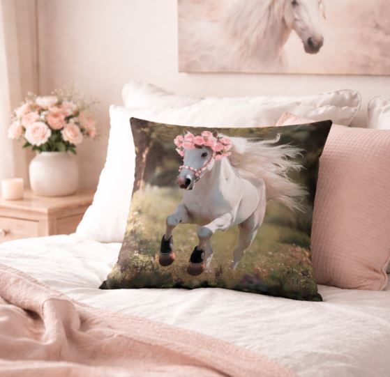 Kussenhoes Wit Paard - Roze rozen