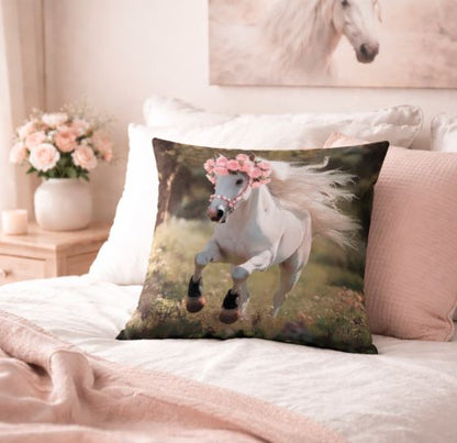 Kussenhoes Wit Paard - Roze rozen
