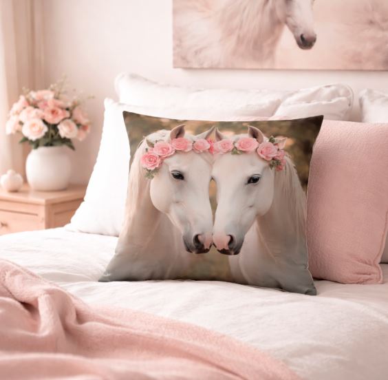 Kussenhoes Wit Paard - Roze rozen