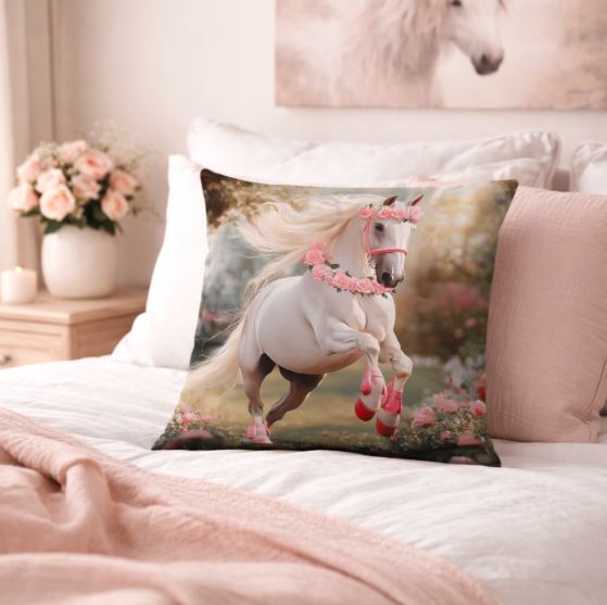 Kussenhoes Wit Paard - Roze rozen