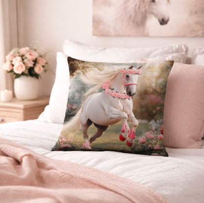 Kussenhoes Wit Paard - Roze rozen