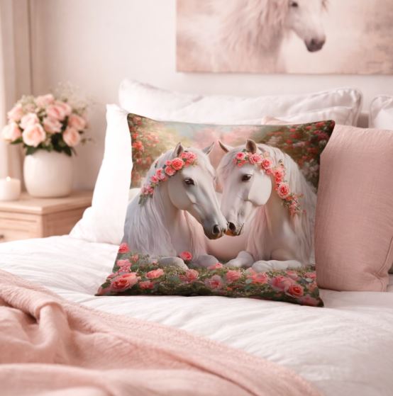 Kussenhoes Wit Paard - Roze rozen