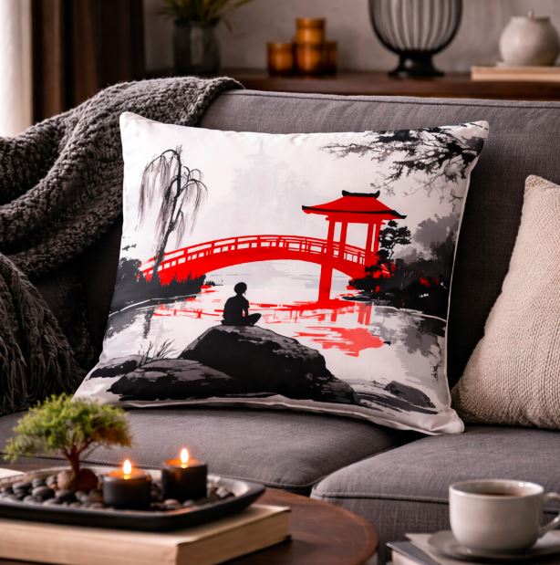 Kussenhoes Japans landschap zwart-rood 45x45 cm | Kussenhoezenwinkel