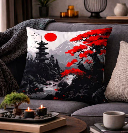 Kussenhoes Japans landschap zwart-rood 45x45 cm | Kussenhoezenwinkel