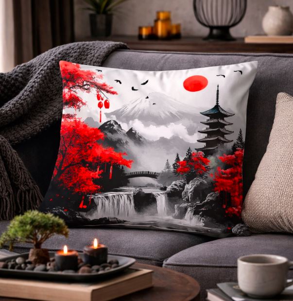 Kussenhoes Japans landschap zwart-rood 45x45 cm | Kussenhoezenwinkel