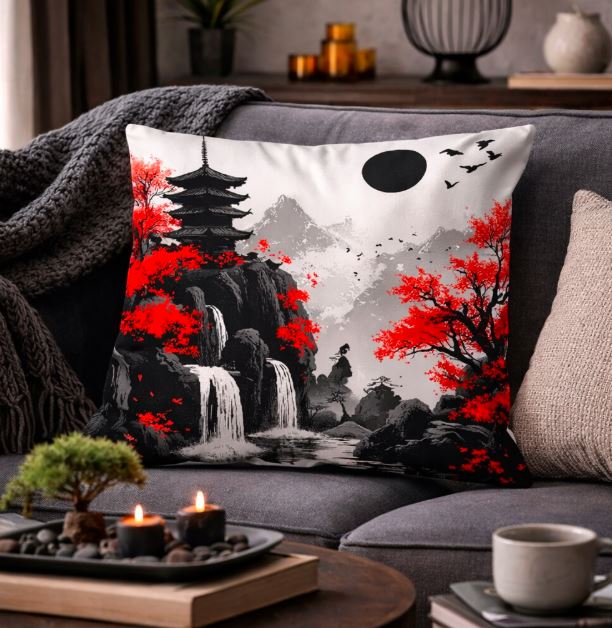 Kussenhoes Japans landschap zwart-rood 45x45 cm | Kussenhoezenwinkel
