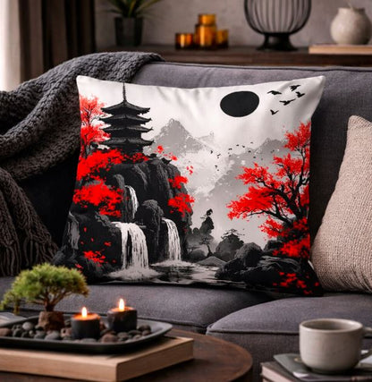 Kussenhoes Japans landschap zwart-rood 45x45 cm | Kussenhoezenwinkel