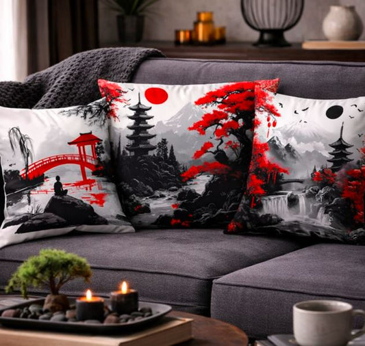 Kussenhoes Japans landschap zwart-rood 45x45 cm | Kussenhoezenwinkel