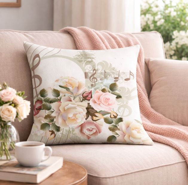 Kussenhoes muziek met bloemen - 45x45 cm