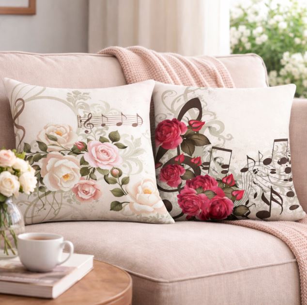 Kussenhoes muziek met bloemen - 45x45 cm