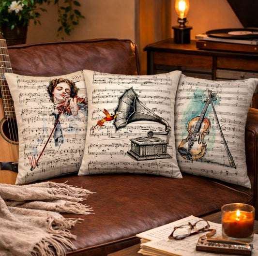 Kussenhoes muziek retro vintage style 45x45 cm | Kussenhoezenwinkel