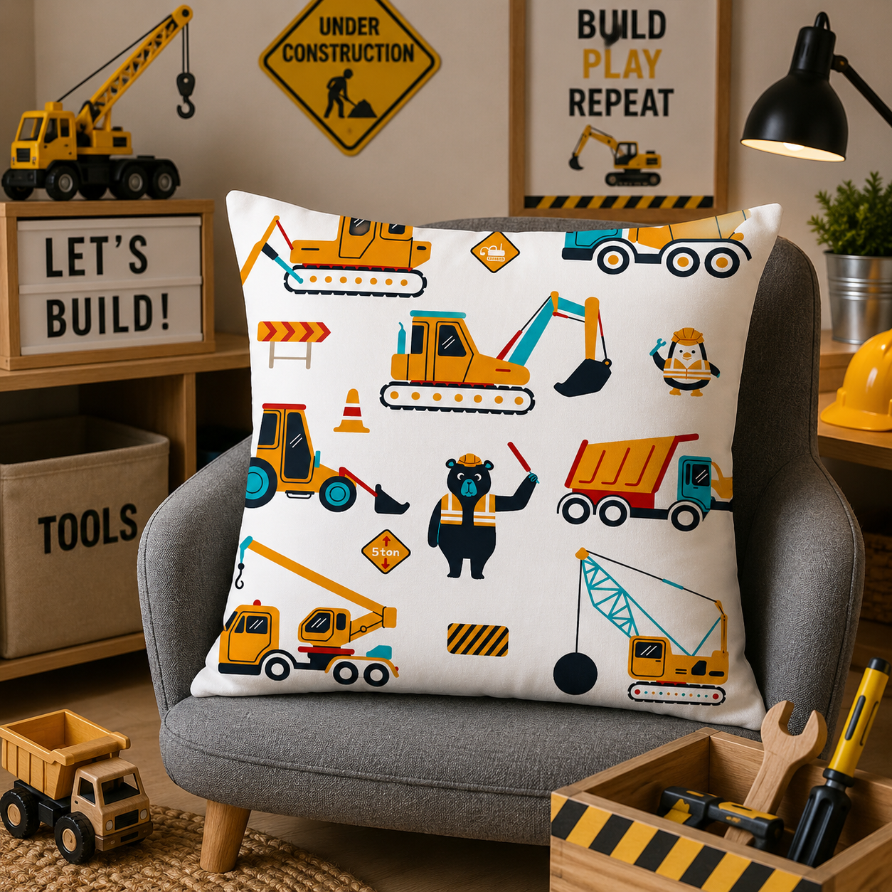 Kussenhoes Voertuigen Let's Build! 45x45 cm Velvet | Kussenhoezenwinkel