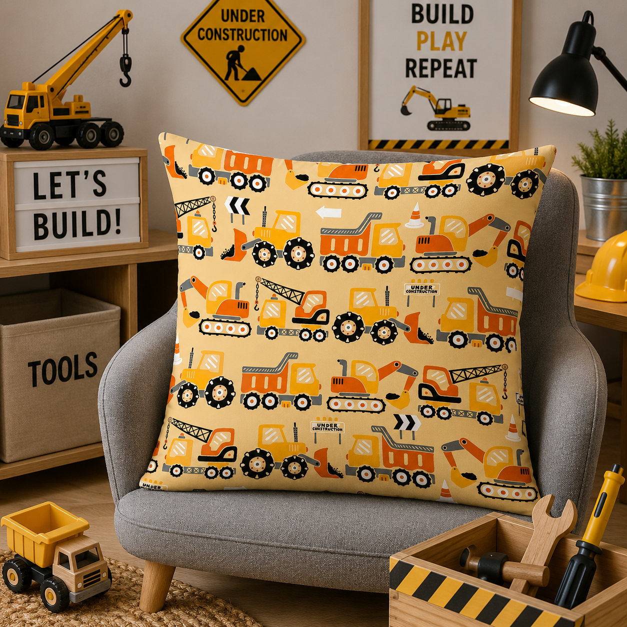 Kussenhoes Voertuigen Let's Build! 45x45 cm Velvet | Kussenhoezenwinkel