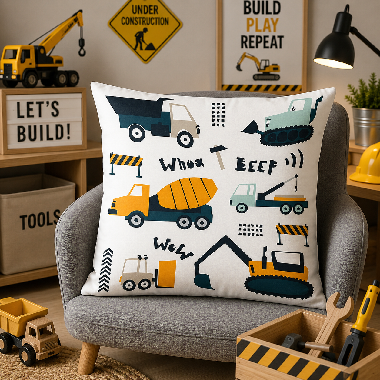 Kussenhoes Voertuigen Let's Build! 45x45 cm Velvet | Kussenhoezenwinkel