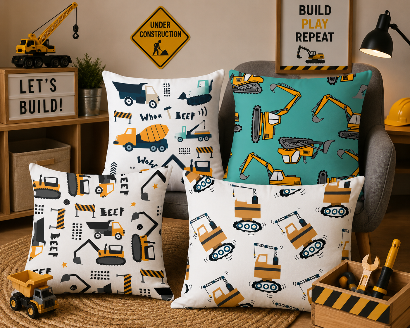 Kussenhoes Voertuigen Let's Build! 45x45 cm Velvet | Kussenhoezenwinkel
