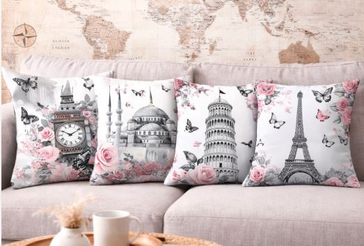 Kussenhoes wereld monument met bloemen